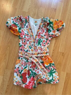 FARM Rio Floral V-Neck Romper in White, Green, Pink, Yellow, Orange WORN ONCE!